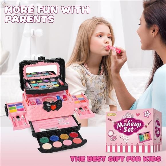 54 Pcs Kids Makeup Kit for Girls,  Washable Cosmetic Set Toys with Mirror (Pink) - Picture 5 of 6